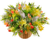Оранжевые тюльпаны в плетеной вазе