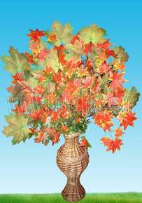 Осенние листья в напольной плетеной вазе